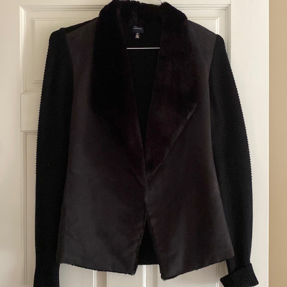Saks Fifth Ave open-front black blazer with fur collar.
